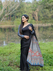 Premium Black Crape Silk Saree featuring Hand-Block Style Pallu Detail