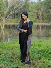 Premium Black Crape Silk Saree featuring Hand-Block Style Pallu Detail