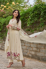 Elegant Off-White Flared Anarkali Kurta Set with Embroidered Dupatta & Pants