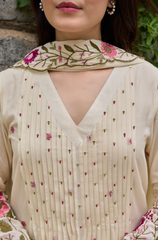 Elegant Off-White Flared Anarkali Kurta Set with Embroidered Dupatta & Pants