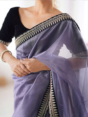 Lavender Shimmer Organza Saree with Contrast Black Velvet Embroidered Blouse