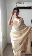 Elegant Ivory Banarasi Silk Saree with Intricate Self-Weave Geometric Pattern