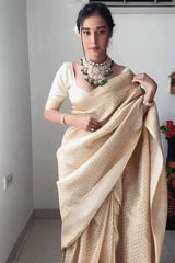 Elegant Ivory Banarasi Silk Saree with Intricate Self-Weave Geometric Pattern