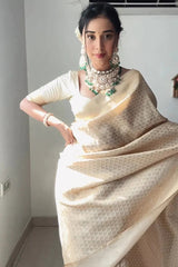 Elegant Ivory Banarasi Silk Saree with Intricate Self-Weave Geometric Pattern