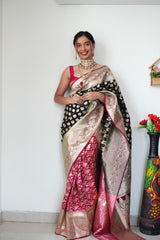 Traditional Black & Pink Banarasi Saree with Heavy Gold Weaving and Unstitched Blouse