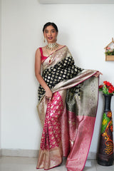 Traditional Black & Pink Banarasi Saree with Heavy Gold Weaving and Unstitched Blouse