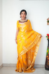 Elegant Mustard Yellow Banarasi Silk Saree with Gold Zari Buta
