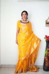 Elegant Mustard Yellow Banarasi Silk Saree with Gold Zari Buta