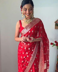 Exquisite Crimson Chiffon Banarasi Saree with Intricate Zari Work