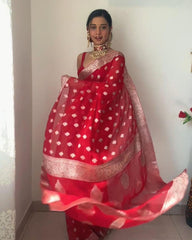 Exquisite Crimson Chiffon Banarasi Saree with Intricate Zari Work