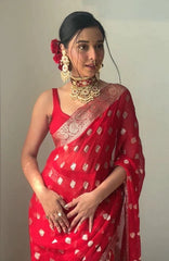 Exquisite Crimson Chiffon Banarasi Saree with Intricate Zari Work