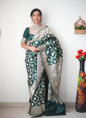 Regal Emerald Green Banarasi Silk Saree with Intricate Silver Zari Floral Weave