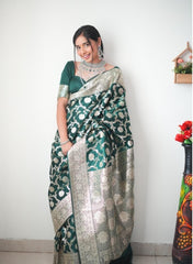 Regal Emerald Green Banarasi Silk Saree with Intricate Silver Zari Floral Weave