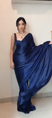 Midnight Blue Liquid Satin Silk Saree with Sweetheart Neck Blouse Piece