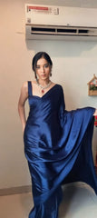 Midnight Blue Liquid Satin Silk Saree with Sweetheart Neck Blouse Piece