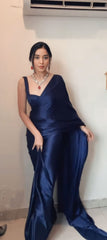 Midnight Blue Liquid Satin Silk Saree with Sweetheart Neck Blouse Piece