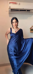 Midnight Blue Liquid Satin Silk Saree with Sweetheart Neck Blouse Piece