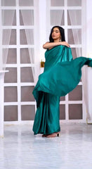Solid Teal Monochromatic Saree with Designer Halter-Neck Blouse Piece