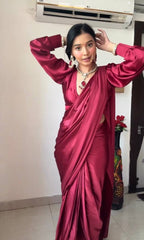 Elegant Wine Red Satin Silk Saree with Full-Sleeve Designer Blouse & Statement Border