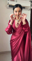 Elegant Wine Red Satin Silk Saree with Full-Sleeve Designer Blouse & Statement Border