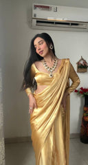 Elegant Mustard Gold Satin Silk Saree with Full-Sleeved Designer Blouse – Luxury Party Wear