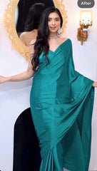 Solid Teal Monochromatic Saree with Designer Halter-Neck Blouse Piece