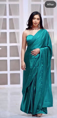 Solid Teal Monochromatic Saree with Designer Halter-Neck Blouse Piece