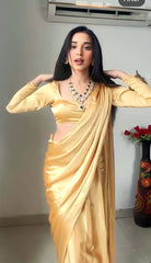 Elegant Mustard Gold Satin Silk Saree with Full-Sleeved Designer Blouse – Luxury Party Wear