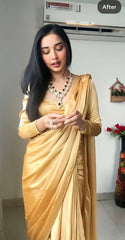 Elegant Mustard Gold Satin Silk Saree with Full-Sleeved Designer Blouse – Luxury Party Wear