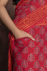 Hand-Block Printed Ajrakh Mul Cotton Saree in Crimson Red with Functional Pocket