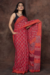 Hand-Block Printed Ajrakh Mul Cotton Saree in Crimson Red with Functional Pocket