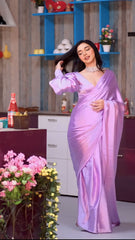 Ethereal Lavender Silk Satin Saree with Designer Bishop-Sleeve Blouse – Modern Cocktail Ensemble