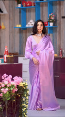 Ethereal Lavender Silk Satin Saree with Designer Bishop-Sleeve Blouse – Modern Cocktail Ensemble