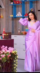 Ethereal Lavender Silk Satin Saree with Designer Bishop-Sleeve Blouse – Modern Cocktail Ensemble