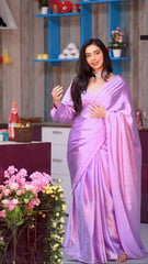 Ethereal Lavender Silk Satin Saree with Designer Bishop-Sleeve Blouse – Modern Cocktail Ensemble