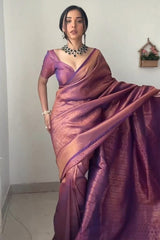 Exquisite Lavender & Rose Gold Kanchipuram Silk Saree with Heavy Zari Weaving and Designer Blouse Piece