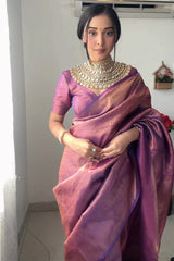 Exquisite Lavender & Rose Gold Kanchipuram Silk Saree with Heavy Zari Weaving and Designer Blouse Piece