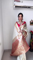 Elegant Off-White Banarasi Silk Saree with Traditional Golden Zari Buta & Contrast Crimson Blouse