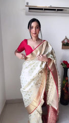Elegant Off-White Banarasi Silk Saree with Traditional Golden Zari Buta & Contrast Crimson Blouse