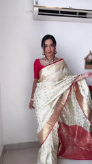 Elegant Off-White Banarasi Silk Saree with Traditional Golden Zari Buta & Contrast Crimson Blouse
