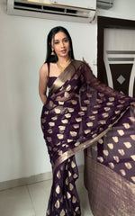 Royal Wine Banarasi Chiffon Saree with Gold Buta Work & Designer Sleeveless Blouse