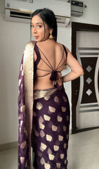 Royal Wine Banarasi Chiffon Saree with Gold Buta Work & Designer Sleeveless Blouse