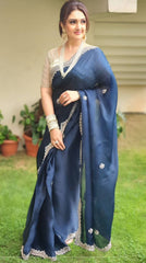 Elegant Navy Blue Georgette Saree with Scalloped Embroidered Border & Designer White Sequin Blouse