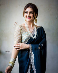 Elegant Navy Blue Georgette Saree with Scalloped Embroidered Border & Designer White Sequin Blouse