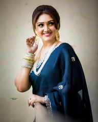 Elegant Navy Blue Georgette Saree with Scalloped Embroidered Border & Designer White Sequin Blouse