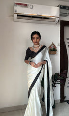 Classic Pearl White Satin Silk Saree with Contrast Midnight Black Border & Sweetheart Neck Blouse