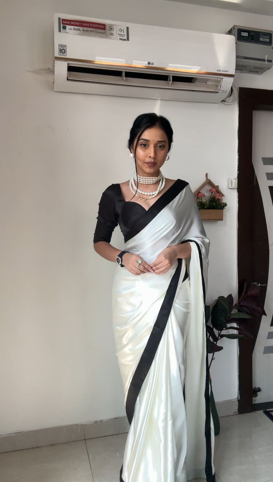 Classic Pearl White Satin Silk Saree with Contrast Midnight Black Border & Sweetheart Neck Blouse