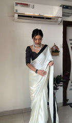Classic Pearl White Satin Silk Saree with Contrast Midnight Black Border & Sweetheart Neck Blouse