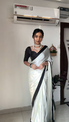 Classic Pearl White Satin Silk Saree with Contrast Midnight Black Border & Sweetheart Neck Blouse