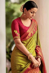 Olive Green & Magenta Printed Silk Saree with Embroidered Designer Blouse – Festive Collection